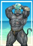  abs absurd_res anthro ball beach beach_ball biceps bulge clothing felid hi_res horn inflatable krampus_(housamo) lifewonders lion male mammal monster muscular muscular_anthro muscular_male muscular_thighs nipples outside pantherine pecs scar seaside solo speedo swimwear tokyo_afterschool_summoners traver009 tusks veiny_muscles video_games 