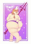  anthro asgore_dreemurr big_butt blonde_hair bovid butt caprine clothing fur goat hair hi_res horn looking_at_viewer looking_back male mammal melee_weapon overweight polearm solo thong trident undertale underwear vetoknox video_games weapon white_body white_fur 