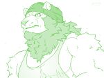  4:3 anthro biceps butusan_p clothing facial_hair felid furgonomics green_and_white headkerchief intense_stare kerchief lion looking_away male mammal mane monochrome muscular muscular_male neck_tuft pantherine shirt snaggle_tooth solo tank_top topwear tuft 
