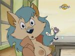  anthro blue_hair breasts canid canine clothed clothing edit female fox hair kate_(the_mysteries_of_providence) low_res mammal meow-meow nipples partially_clothed public_exposure screanshot_edit solo the_mysteries_of_providence 