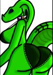  anthro black_sclera blue_eyes bra breasts butt butt_focus clothing cobra collar female green_body green_scales non-mammal_breasts panties rear_view reptile scales scalie simple_background snake solo spiked_collar spikes underwear zarik 