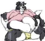  anthro belly belly_overhang big_belly black_body black_fur black_nose bodily_fluids border_collie bulge canid canine canis chest_tuft clothing collie dewlap_(anatomy) domestic_dog double_chin floppy_ears fur herding_dog male mammal mischievous_smile moobs overweight overweight_anthro overweight_male pastoral_dog polo_shirt sheepdog shirt solo southernyote sweat topwear tuft underwear white_body white_fur 