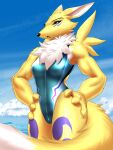  2021 3:4 absurd_res anthro athletic athletic_anthro athletic_female bandai_namco beach black_nose breasts chest_tuft clothed clothing digimon digimon_(species) digital_media_(artwork) eye_markings facial_markings female fur hand_on_hip hand_on_own_hip hands_on_hips head_markings hi_res looking_at_viewer markings multicolored_body multicolored_fur mykegreywolf one-piece_swimsuit outside renamon seaside signature solo sport_swimsuit swimwear thigh_marking tuft two_tone_body two_tone_fur white_body white_fur yellow_body yellow_fur 