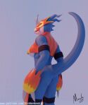  anthro back_muscles bandai_namco blender_(software) blue_body blue_scales breasts digimon digimon_(species) female flamedramon hi_res hiddenmask18 horn lidded_eyes looking_back raised_tail scales scalie solo tongue tongue_out yellow_eyes 