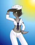  anthro bottomwear breasts clothed clothing crop_top danaume female grey_body hand_on_hip hat headgear headwear hi_res looking_at_viewer mammal marine membrane_(anatomy) midriff navel outside pants pinniped sailor_uniform seal shirt simple_background solo standing sun topwear webbed_hands whiskers 