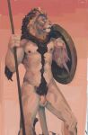  anthro armpit_hair athletic athletic_male balls body_hair brown_body brown_fur elbow_tufts felid flaccid foreskin fur genitals happy_trail hi_res lion male mammal mane melee_weapon nemera nipples nude pantherine penis polearm portrait shield solo spear spotted_nose three-quarter_portrait uncut warrior weapon 