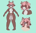  anthro antlers balls cervid digital_media_(artwork) duo erection fellatio fur genitals girly hair hi_res horn human looking_at_viewer male male/male mammal model_sheet nipples nude oral penile penis pink_hair sex simple_background smile standing tongue tongue_out traknoch 