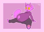  2021 anthro barefoot belly big_belly biped black_bottomwear black_clothing black_pants bottomwear button_pop clothing domestic_cat feet felid feline felis frumples frumples_(character) hair hyper hyper_belly inner_ear_fluff male mammal navel open_mouth pants pawpads pink_pawpads ponytail pregnant pregnant_male pupils purple_body purple_hair purple_inner_ear_fluff sitting slit_pupils solo teeth thick_thighs tongue tuft wide_hips 