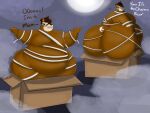  4:3 anthro belly big_belly big_butt box brown_body brown_fur brown_hair butt cinna_(megacoolbear) fur hair halloween halloween_costume hi_res holidays huge_butt hyper hyper_butt male mammal megacoolbear_(artist) moobs mummy_costume nude obese obese_anthro obese_male overweight overweight_anthro overweight_male solo thick_thighs ursid wide_hips 