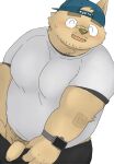  2021 anthro blush bottomwear brown_body canid canine canis clothing domestic_dog eyes_closed flaccid genitals hat headgear headwear hi_res humanoid_genitalia humanoid_hands humanoid_penis kemono male mammal och5 pants penis shirt simple_background slightly_chubby solo topwear white_background 