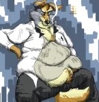  anthro belly belly_overhang big_belly body_hair bow_tie brown_body brown_fur canid canine canis chest_tuft cigarette clothing collared_shirt coyote dress_shirt fur grey_body grey_fur happy_trail lifting_belly male mammal mischievous mischievous_smile moobs obese obese_male orange_eyes overweight overweight_male server shirt solo southernyote tan_body tan_fur topwear tuft undershirt 