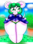  animal_crossing anthro blazedscarf bree_(animal_crossing) curvy_figure eyelashes female fur glistening glistening_eyes green_eyes green_hair hair hi_res light_body light_fur mammal mouse murid murine nintendo pink_body pink_fur rodent short_stack smile solo thick_thighs upskirt video_games voluptuous wide_hips 