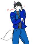  angel_wolf_(angel_generations) angelwolfgen anthro belt black_clothing black_hair black_shirt black_topwear blue_clothing blue_coat blue_topwear bottomwear brown_eyes canid canine canis clothing coat denim denim_clothing fur hair hi_res jeans male mammal pants pink_earbuds shirt slim solo topwear white_body white_fur wolf 