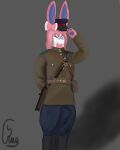  4:5 accessory anthro blue_eyes bow_tie canid clothing cosplay costume eeveelution fur gesture hair hair_accessory hat headgear headwear hi_res male mammal nintendo pink_hair pok&eacute;mon pok&eacute;mon_(species) rusoide rusyl_(rusoide) salute shaded smile smiling_at_viewer solo sovietic sylveon video_games white_body white_fur 