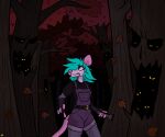  2021 4_fingers anthro autumn belt clothed clothing creepy detailed_background didelphid falling_leaves female fingers flashlight glowing glowing_eyes hallowhund hi_res mammal marsupial plant signature tree tree_with_face worried 