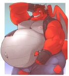  anthro belly big_belly bottomwear brown_hair clothed clothing dragon dragon_wings hair hand_behind_head hi_res horn hyper hyper_belly lucusold male muscular muscular_anthro muscular_male nipples overweight overweight_anthro overweight_male pants red_body solo teeth torn_bottomwear torn_clothing torn_pants wings 