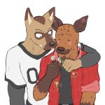  1:1 anthro arm_around_shoulders beastars blush brokensticcs canid canine canis clothed clothing coyote daisy_(flower) duo durham_(beastars) eyes_closed hi_res hyaenid male male/male mammal miguno_(beastars) roots simple_background spotted_hyena white_background 