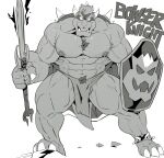  abs anthro balls barely_visible_balls barely_visible_genitalia biceps body_hair bottomwear bowser bowser_day cape chest_hair claws clothing genitals hi_res humor knight koopa loincloth male mario_bros melee_weapon monochrome muscular muscular_anthro muscular_male nintendo nipples pecs pun scalie solo sword teeth thymilph vein veiny_muscles video_games warrior weapon 