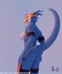  anthro back_muscles bandai_namco blender_(software) blue_body blue_scales breasts digimon digimon_(species) female flamedramon hi_res hiddenmask18 horn lidded_eyes looking_back raised_tail scales scalie solo tongue tongue_out yellow_eyes 
