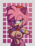  amy_rose anthro areola bedroom_eyes belly breasts clothed clothing clothing_lift eulipotyphlan female fur green_eyes hedgehog hi_res mammal narrowed_eyes nipples open_mouth partially_clothed pink_body pink_fur ruruduu seductive sega shirt shirt_lift simple_background smile solo sonic_the_hedgehog_(series) topwear undressing 