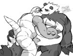  2016 anthro anus balls belly blush butt chesnaught duo genitals hug kissing male male/male megawaffle_(artist) monochrome moobs nintendo nipples overweight overweight_male pangoro penis pok&eacute;mon pok&eacute;mon_(species) simple_background sitting video_games white_background 