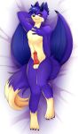  anthro blue_hair canid canine dakimakura_design dragon eye_contact fox fur genitals hair hi_res hybrid knot looking_at_another looking_at_viewer male mammal moonfluffmf penis pose purple_body purple_fur red_eyes smile solo 