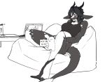  anthro bean_bag black_hair censored chabett clothing computer creative_censorship dragon drawing_tablet female hair hi_res horn inside laptop masturbation monyu2020 panties_around_ankle red_eyes shirt solo tank_top topwear water_bottle 