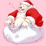  1:1 2016 anthro bag belly black_nose blush canid canine canis christmas christmas_clothing christmas_headwear clothing domestic_dog fur hat headgear headwear holidays humanoid_hands japanese_text kemono male mammal moobs overweight overweight_male pink_background santa_hat simple_background text totemoii_029 white_body white_fur 