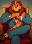  2020 anthro anthrofied blue_suit chair claws clock clothed clothing cuff_links digit_ring disney eyebrows eyewear facial_hair felid fully_clothed fur furniture glasses grey_hair hair hi_res jewelry knuxlight lion looking_at_viewer male mammal mane mature_anthro mature_male mufasa muscular muscular_anthro muscular_male orange_body orange_fur pantherine pink_nose raised_eyebrow ring sash sitting slippers smile solo suit suit_jacket the_lion_king throne watch yellow_eyes 