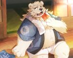  2021 anthro belly black_nose boar_stag144 bottomwear clothing detailed_background eating food fruit fur hi_res humanoid_hands kemono male mammal melon overweight overweight_male plant polar_bear shorts sitting solo towel towel_around_neck ursid ursine watermelon watermelon_slice white_body white_fur 