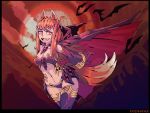  :d animal_ears bangs bat bikini black_border border cape commentary_request english_commentary fangs halloween halloween_costume holo long_hair looking_at_viewer moon navel open_mouth orange_hair purple_bikini purple_cape purple_legwear ramenwarwok red_eyes red_moon smile solo spice_and_wolf swimsuit tail thighhighs vampire vampire_costume wolf_ears wolf_tail 