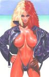  80s abs areolae blonde_hair blue_eyes bodypaint breasts chara_soon gundam gundam_zz highleg highleg_panties jacket large_breasts leather leather_jacket lips lipstick makeup motchie multicolored_hair nipples oldschool panties realistic red_hair solo tan thong underwear 