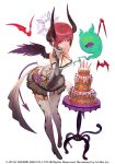  bat boots breasts cake cleavage closed_mouth commentary_request demon_girl demon_horns demon_tail demon_wings dress eyebrows_visible_through_hair food ghost grey_dress high_heel_boots high_heels horns lack looking_at_viewer official_art pantyhose purple_eyes red_hair short_dress short_hair simple_background smile solo standing star_ocean succubus table tail waist_cape watermark white_background wings 