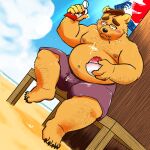  1:1 2021 anthro beach belly blush bottomwear brown_body brown_fur ch_ia_ki clothing dessert detailed_background eyewear food fur glasses hi_res kemono male mammal moobs nipples outside overweight overweight_male plantigrade seaside shaved_ice shorts sitting solo ursid water 