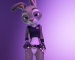  3d_(artwork) 5:4 anthro bulletproof_vest clothing digital_media_(artwork) disney female floofyboy genitals judy_hopps lagomorph leporid lice_belt lustful_gaze mammal no_pants presenting presenting_pussy pussy rabbit solo zootopia 