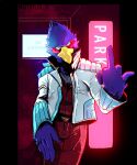  2021 anthro artist_name avian beak belt bird bottomwear clothed clothing english_text falco_lombardi falconid feathers gesture hi_res inside jacket looking_at_viewer male mattbyles middle_finger narrowed_eyes nintendo open_clothing open_jacket open_topwear pants shirt solo standing star_fox text topwear video_games 