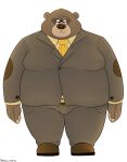  2021 anthro bottomwear brown_body brown_fur brown_nose clothing fur hi_res humanoid_hands kemono male mammal media_maple necktie overweight overweight_male pants plantigrade shirt simple_background solo topwear ursid white_background 