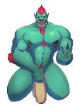 absurd_res anthro arts_of_indiego covering covering_crotch demon elbow_tufts facial_hair goatee green_body green_skin hair hi_res male muscular muscular_anthro muscular_male nipple_piercing nipples nude open_mouth pecs piercing pubes red_hair solo teeth 