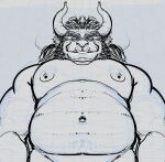  2021 anthro belly black_and_white bowser eyebrows facial_piercing grey_background guide_lines hair horn koopa looking_at_viewer looking_down low-angle_view male mario_bros monochrome moobs musclegut muscular muscular_anthro muscular_male navel nintendo nipples nose_piercing nose_ring nude overweight overweight_anthro overweight_male piercing scalie simple_background sketch smagma smile solo standing video_games 