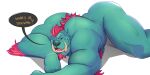  absurd_res anthro arts_of_indiego demon elbow_tufts english_text facial_hair goatee green_body green_skin hair hi_res lying male muscular muscular_anthro muscular_male nude on_front red_hair simple_background solo speech_bubble teeth text white_background 