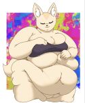  5_fingers aggressive_retsuko anthro belly big_belly bottomless breasts canid canine cleavage clothed clothing eyes_closed female fennec fenneko fingers fox genitals hi_res mammal morbidly_obese morbidly_obese_anthro morbidly_obese_female navel obese obese_anthro obese_female overweight overweight_anthro overweight_female pussy sanrio smokii solo 