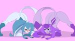  2021 all_fours anthro ass_up awintermoose big_breasts big_butt blue_eyes blue_hair blush breast_rest breasts butt crossed_arms cute_fangs digital_media_(artwork) duo eeveelution female female/female flexible glaceon gloves_(marking) hair hair_on_floor hi_res jack-o&#039;_pose leg_markings long_hair looking_at_another markings markings_(fur) meme motion_lines nintendo open_mouth pink_body pok&eacute;mon pok&eacute;mon_(species) ponytail pose purple_hair raised_tail shaking simple_background smile snowcone_(awintermoose) socks_(marking) spread_legs spreading struggling video_games 