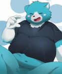  2021 anthro belly black_nose blue_body blue_fur clothing fur hi_res humanoid_hands kemono male mammal moosh navel nintendo oracle_of_ages oracle_of_seasons overweight overweight_male shirt sitting solo the_legend_of_zelda topwear trail_arnak ursid video_games white_body white_fur 