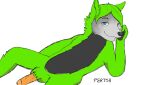  anonymous_artist anthro blue_eyes canid canine canis fur genitals green_body green_fur green_hair grey_body grey_fur hair humanoid_genitalia humanoid_penis luphine_howler male mammal penis simple_background smile smirk smug smug_expression solo white_background wolf 