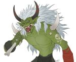  bandai_namco clothed clothing digimon digimon_(species) ear_piercing ear_ring galehowl hair horn long_hair looking_at_viewer male muscular ogremon open_mouth piercing skull_and_crossbones solo spikes tongue topless white_hair 