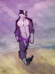  2021 anthro badger beach black_body black_fur black_pawpads blue_eyes bulge clothing front_view fur hi_res k-9 looking_at_viewer male mammal mustelid musteline outside pawpads seaside shoreline signature smile solo speedo striped_body striped_fur stripes swimwear walking white_body white_fur 