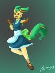  anthro anthrofied bow_tie breasts brown_eyes brown_sclera clothing dress eeveelution female gradient_background leaf_tail leafeon legwear maid_uniform nintendo open_mouth pok&eacute;mon pok&eacute;mon_(species) pok&eacute;morph signature simple_background smile smiling_at_viewer snake_metal_(artist) solo thigh_highs uniform video_games 