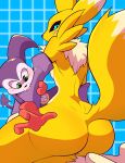  absurd_res ambiguous_gender anthro bandai_namco big_butt blush breasts butt butt_grab canid canine digimon digimon_(species) duo female fox hand_on_butt hi_res humanoid imp impmon male mammal rear_view renamon snappygrey 