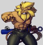  abs absurd_res bandai_namco beard belt blonde_hair bottomwear bulge clothed clothing digimon digimon_(species) ear_piercing ear_ring facial_hair frown furiousjay hair hi_res leomon male mane melee_weapon nipples pants pecs piercing scar sheathed_sword solo sword topless weapon 