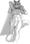  anthro breasts chabett choker digital_media_(artwork) dragon female hi_res horn jewelry lying monochrome necklace nipples nude on_back pgm300 pillow shaded sketch solo 